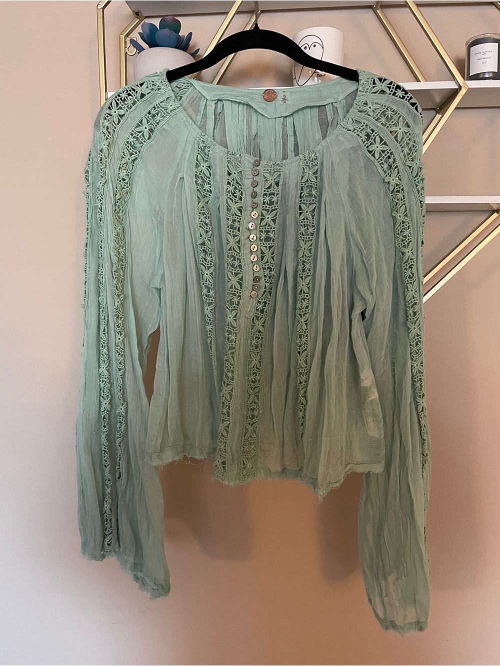 Free People Boho Lace-Trim Mint Green Women's Blouse